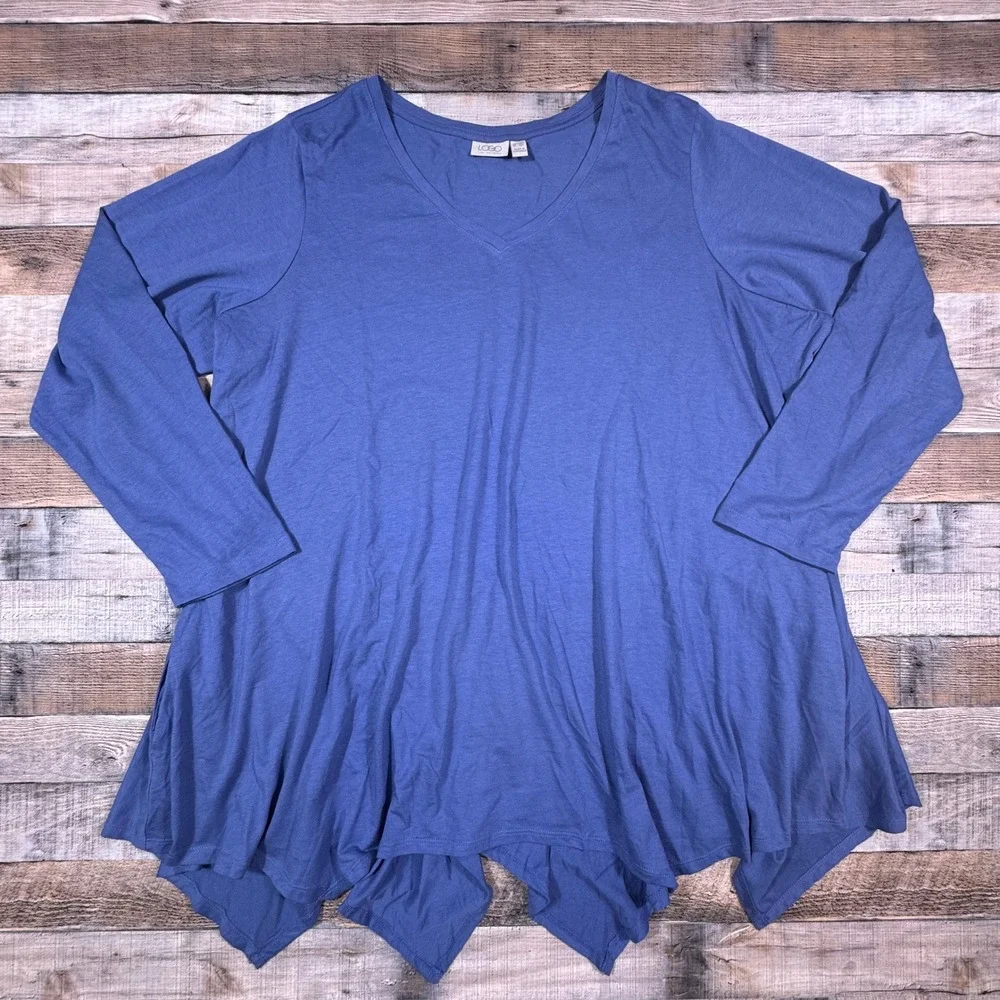 LOGO Lori Goldstein‎ Top 3X Blue V-Neck Sharkbite Hem Peplum Long Sleeve